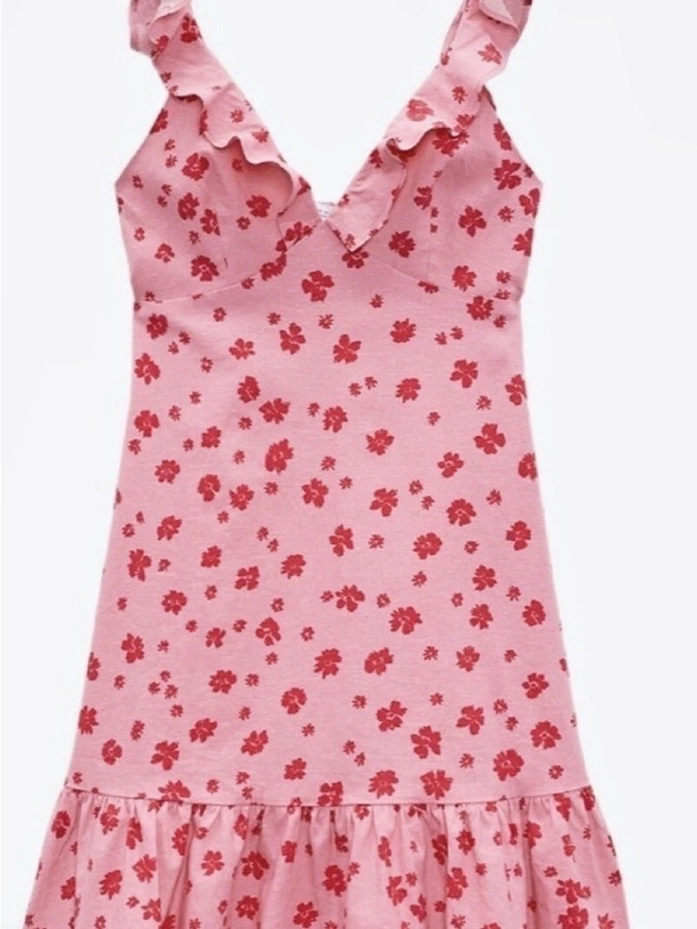 Zara Linen Blend Floral Ruffle Mini Dress in Pink & Red NWT